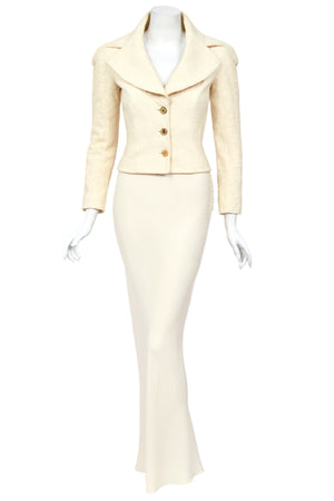 1998 John Galliano 'Haut Bohème' Collection Ivory Fitted Textural Jacket & Bias-Cut Maxi Skirt Set