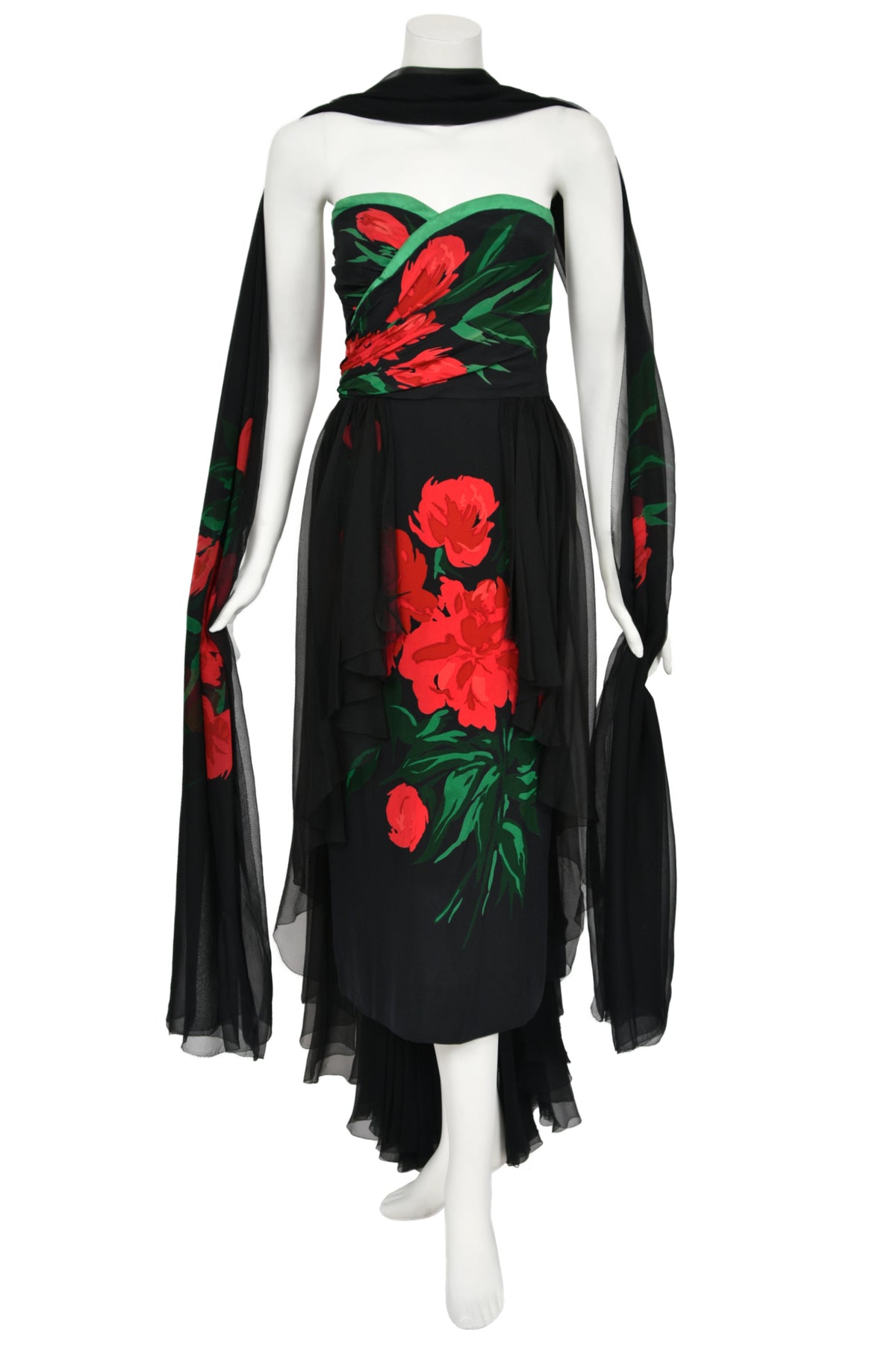 1950&#39;s Howard Greer Couture Red Roses Silk Strapless High-Low Gown &amp; Shawl