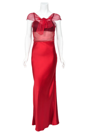 2010 Christian Dior by John Galliano Ruby Red Silk Sheer Black Bra Bias-Cut Gown