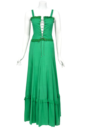1976 Biba Emerald Green Cotton Lace-Up Corset Top & Matching Maxi Skirt