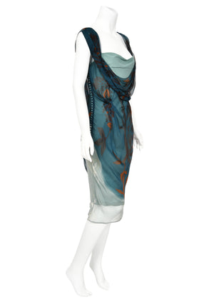 2006 Christian Dior by John Galliano Blue Watercolor Sheer Silk Draped Slip Dress