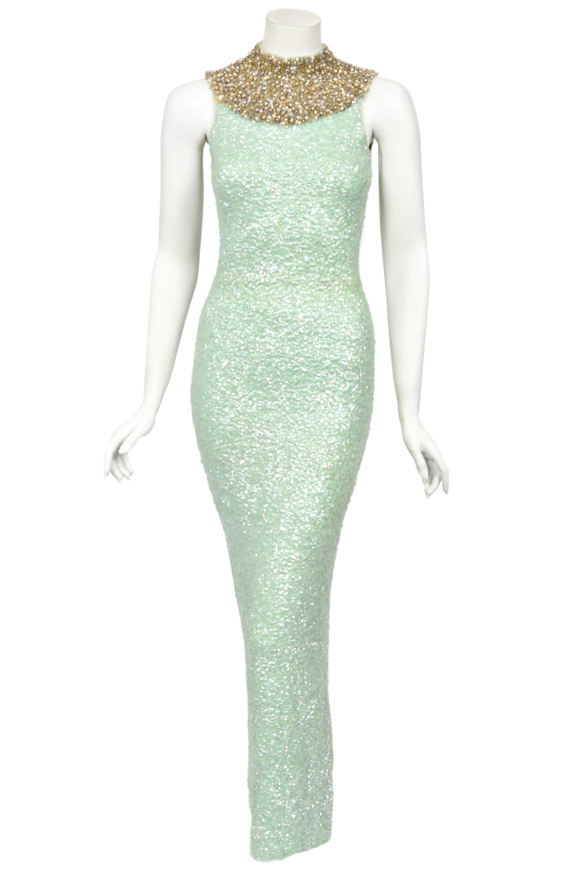 1960's Gene Shelly Seafoam Fully- Sequin Stretch Knit Beaded Collar Hourglass Gown