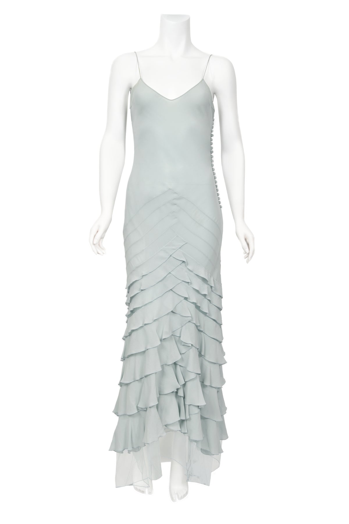 2004 Christian Dior by John Galliano Ethereal Ice Blue Silk &amp; Tulle Tiered Bias-Cut Gown