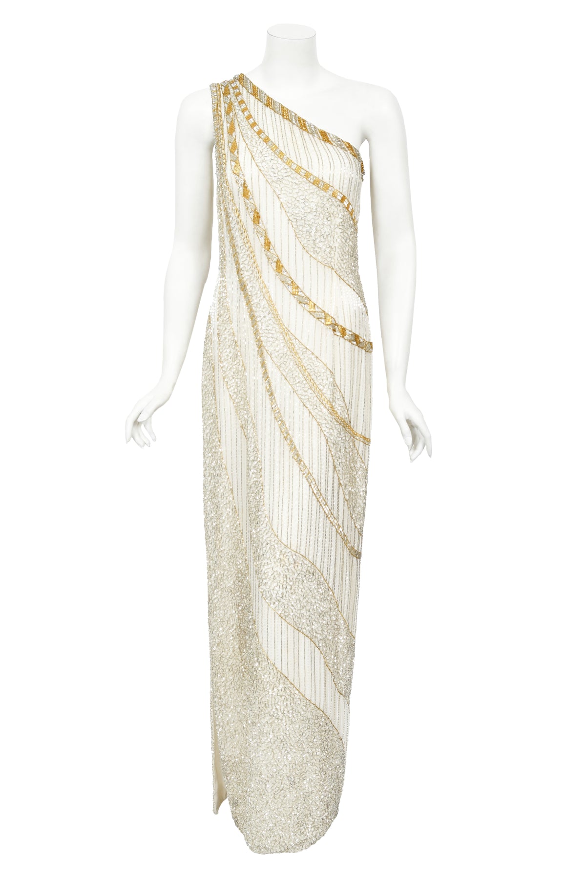 1984 Bob Mackie Couture Ivory Beaded Silk One-Shoulder Goddess Gown
