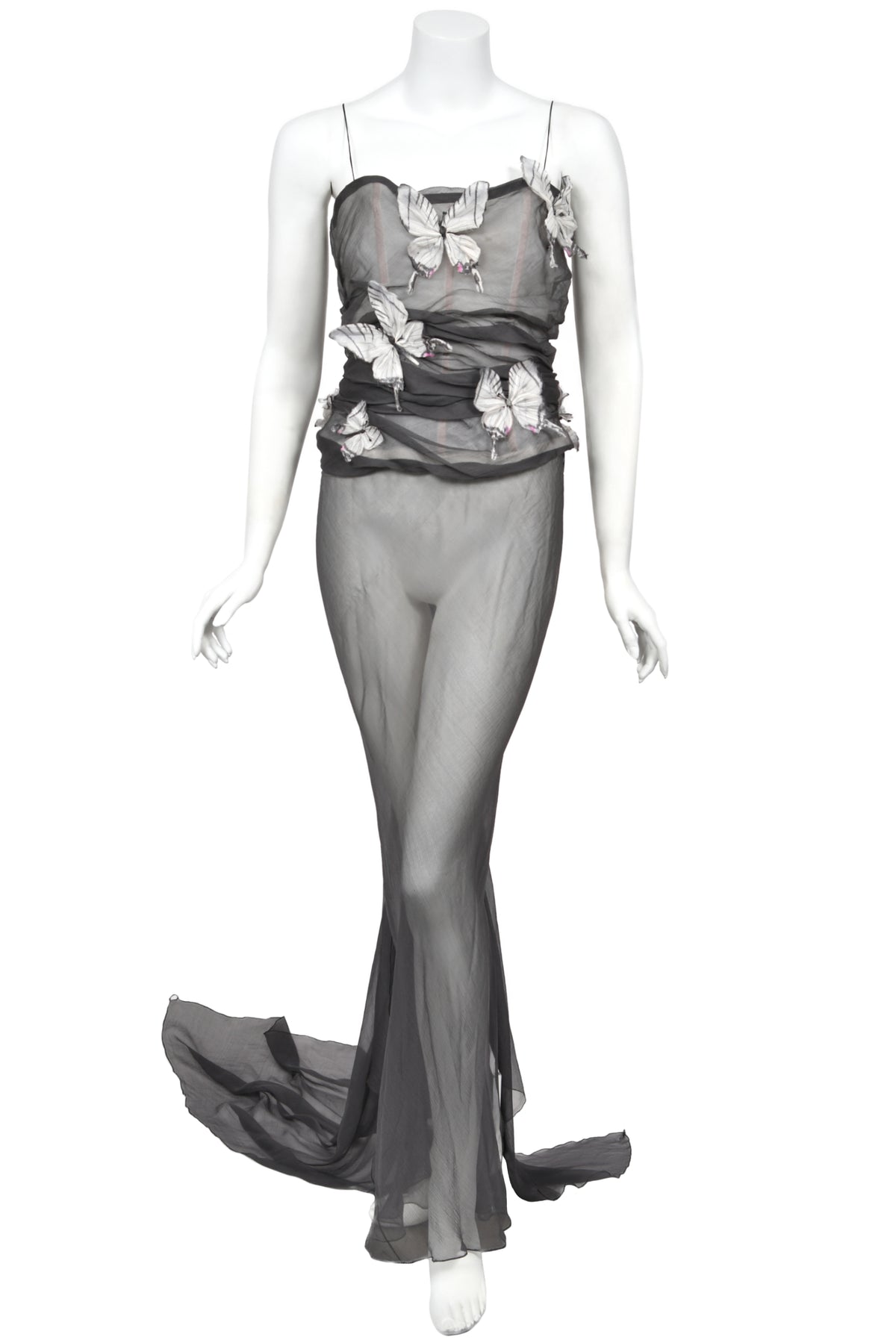 1998 Dolce &amp; Gabbana 'Stromboli Collection' Hand-Painted Butterflies Grey Sheer Silk Corset Gown