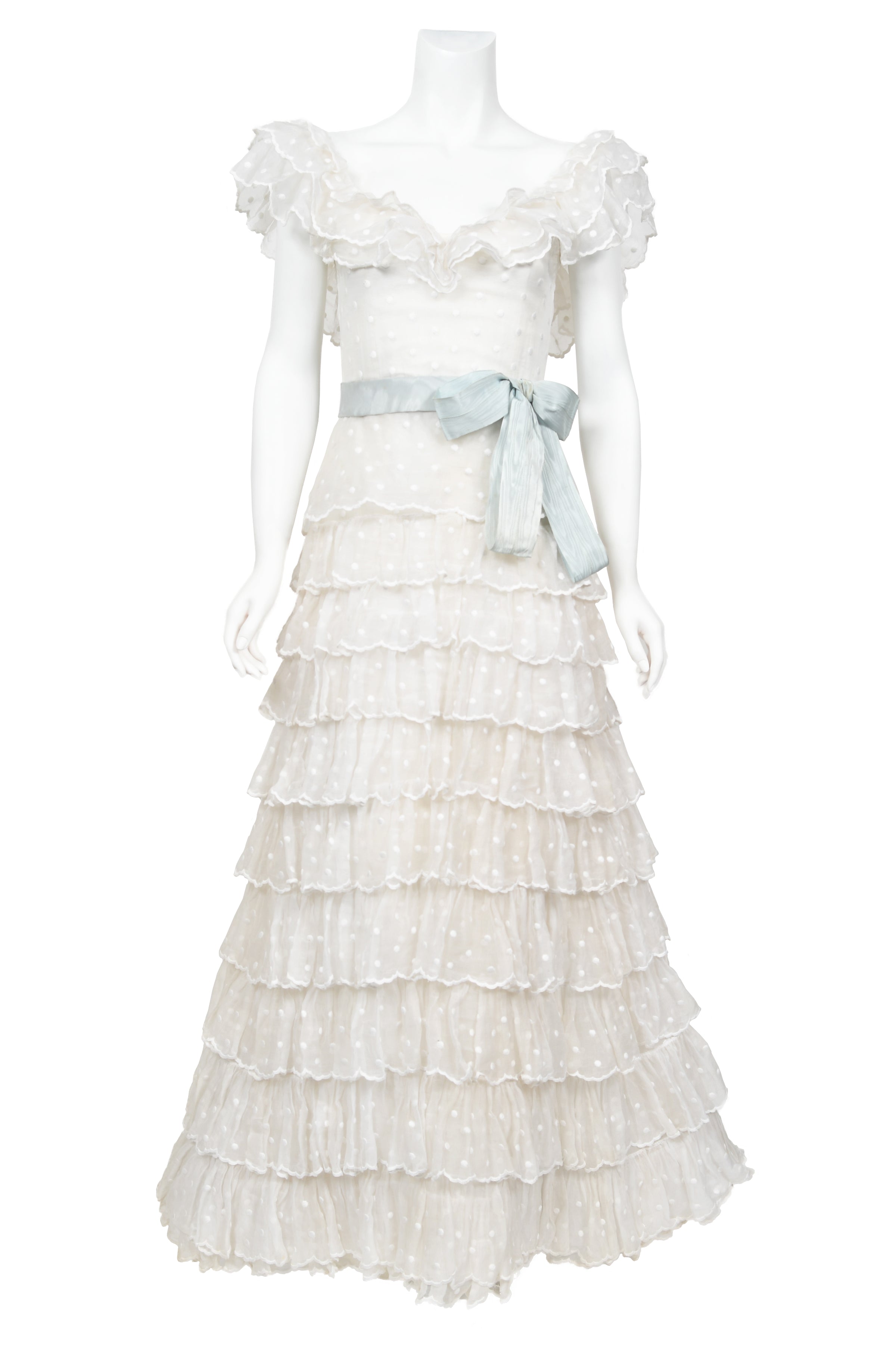 Vintage 1975 Chanel Haute Couture White Eyelet Organza Off-Shoulder Tiered Ruffle Gown - Timeless Vixen Vintage 1975 Chanel Haute Couture White Eyelet Organza Off-Shoulder Tiered Ruffle Gown - Timeless Vixen