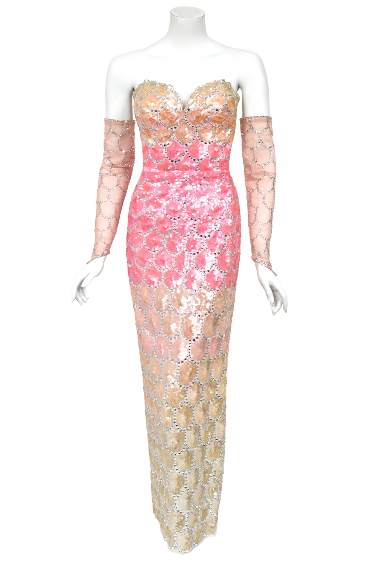 1950's Custom Couture Fully Sequin Pink Ombré Rhinestone Hourglass Gown w/ Gloves