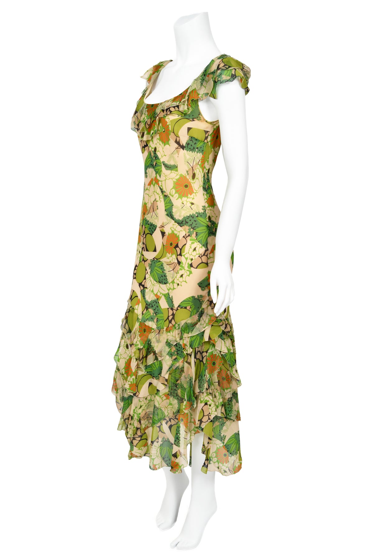 2005 John Galliano Green &amp; Beige Floral Print Silk Tiered Ruffle Bias-Cut Dress