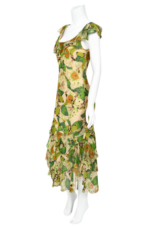 2005 John Galliano Green & Beige Floral Print Silk Tiered Ruffle Bias-Cut Dress