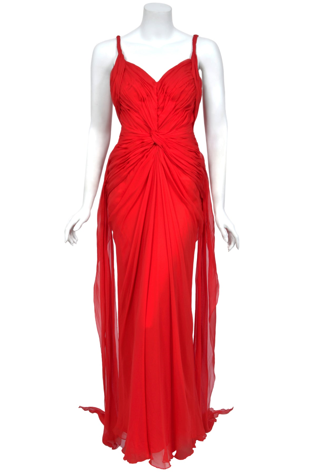 2007 Emanuel Ungaro Lipstick Red Heavily Ruched Silk Chiffon Trained Hourglass Gown