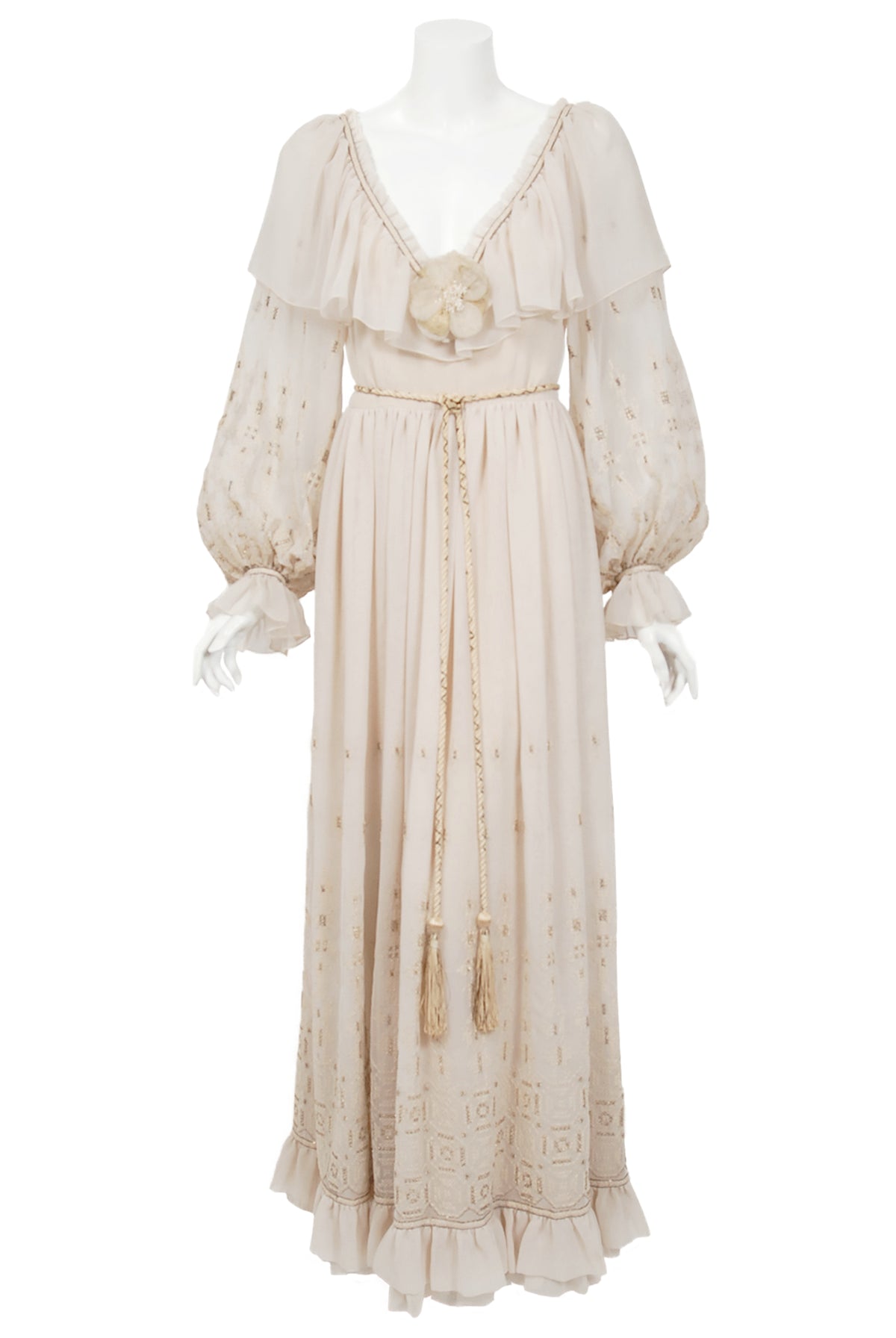 1971 Guy Laroche Haute Couture Embroidered Ivory Silk Billow Sleeve Plunge Gown