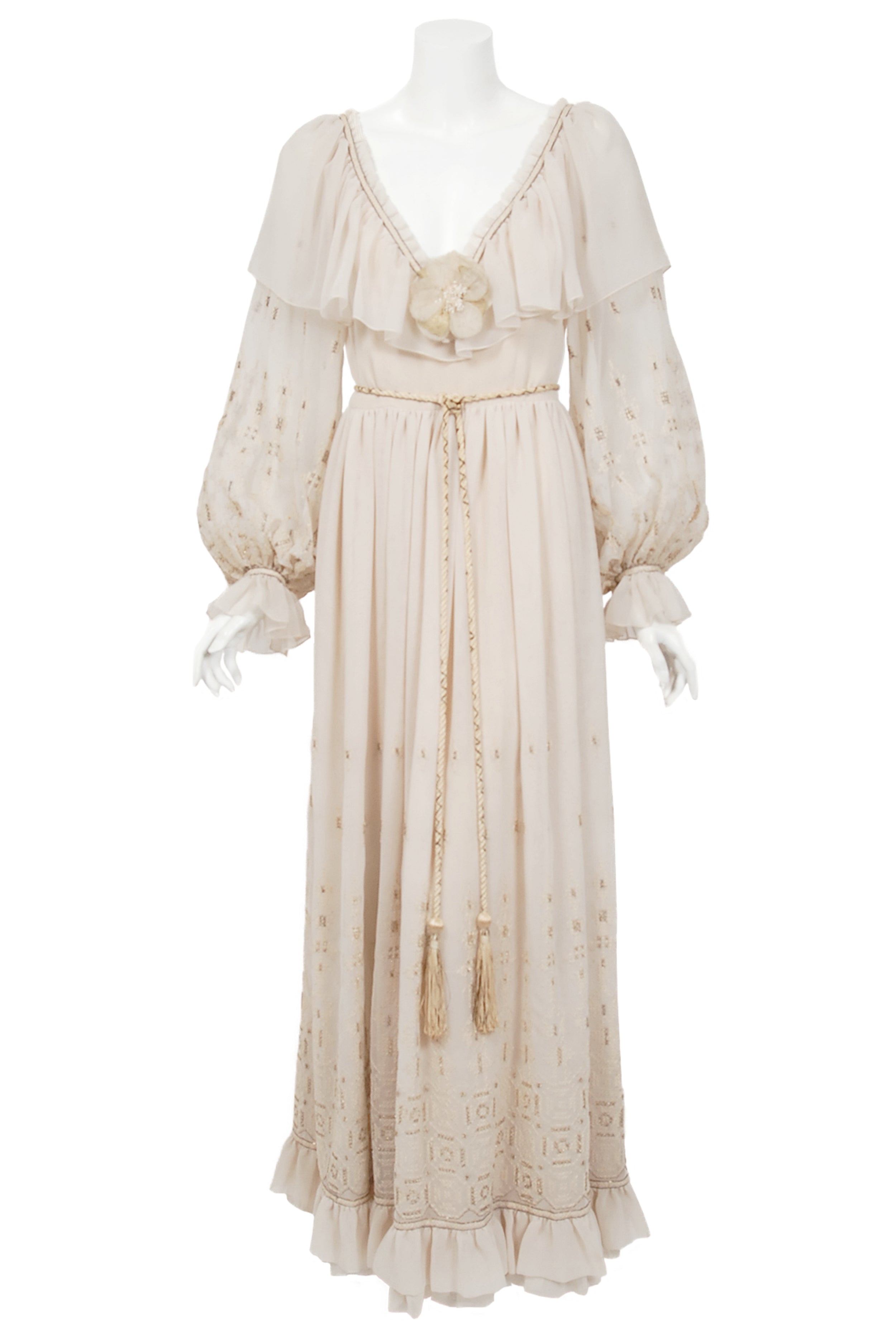 Vintage 1970 Guy Laroche Haute Couture Embroidered Beige Silk Billow Sleeve Plunge Gown - Timeless Vixen Vintage 1970 Guy Laroche Haute Couture Embroidered Beige Silk Billow Sleeve Plunge Gown - Timeless Vixen
