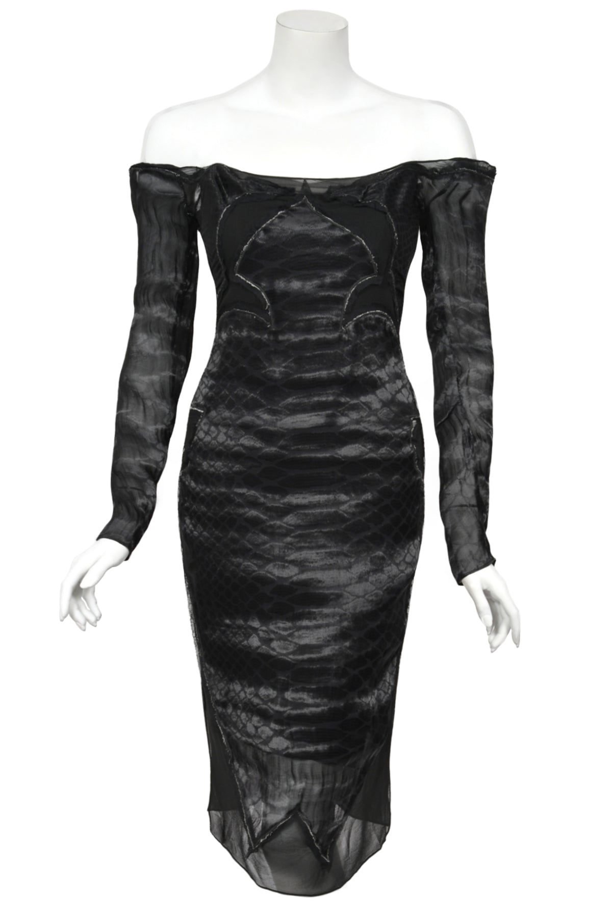 2004 Tom Ford for Yves Saint Laurent Runway Sheer Black Boned Off-Shoulder Hourglass Dress