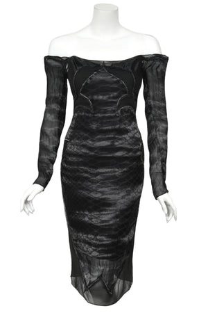 2004 Tom Ford for Yves Saint Laurent Runway Sheer Black Boned Off-Shoulder Hourglass Dress