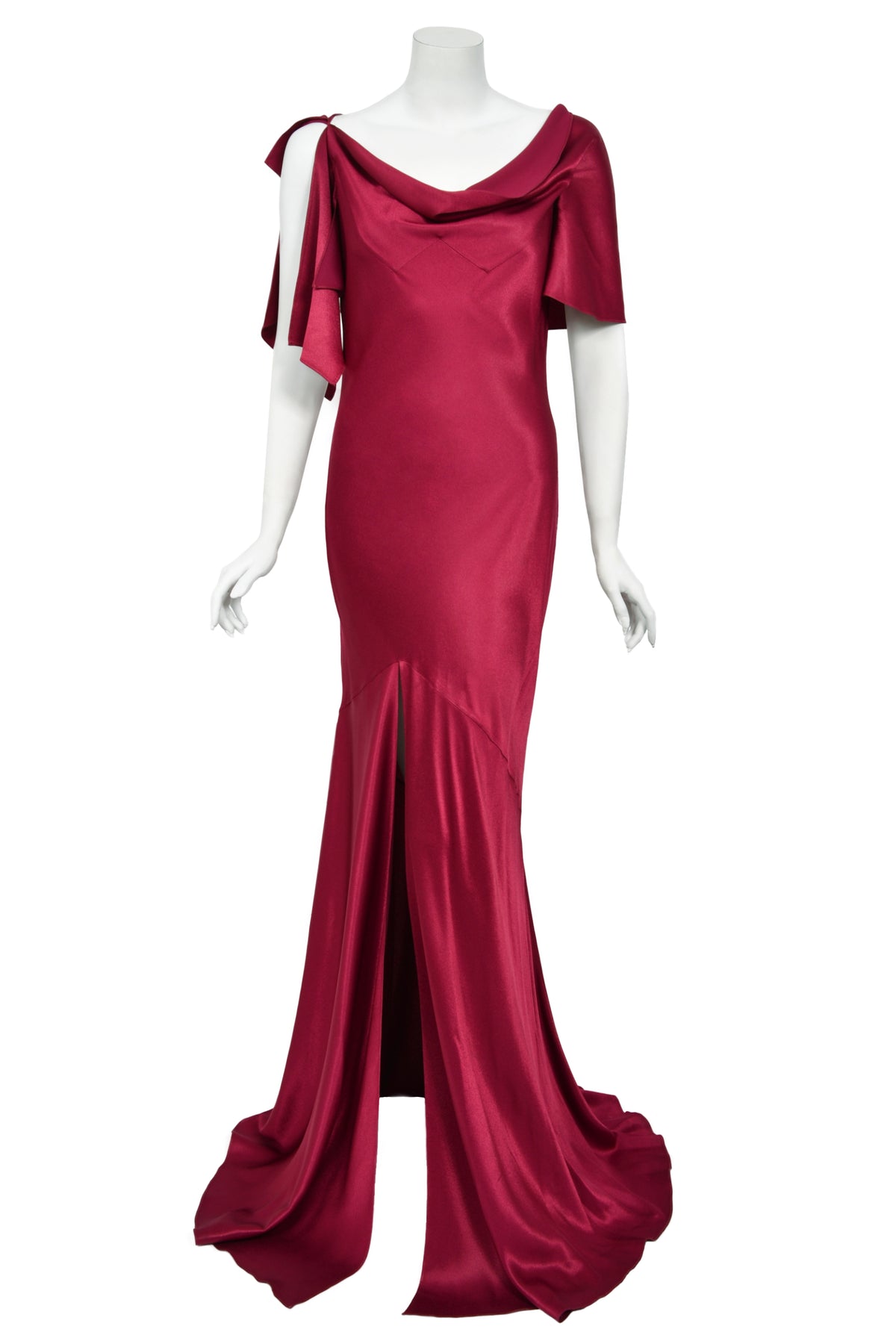 1999 John Galliano Maori Collection Wine Red Asymmetric High Slit Bias-Cut Gown