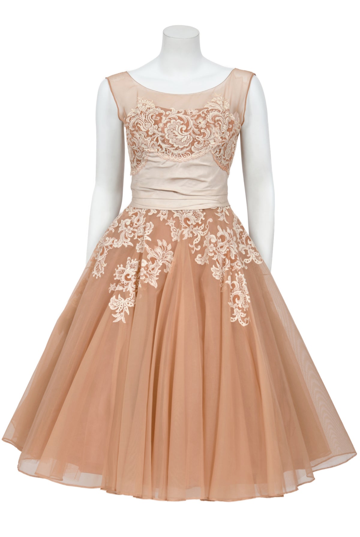 1950&#39;s Peggy Hunt Ivory Silk Appliquéd French Lace Nude-Illusion Full Skirt Dress