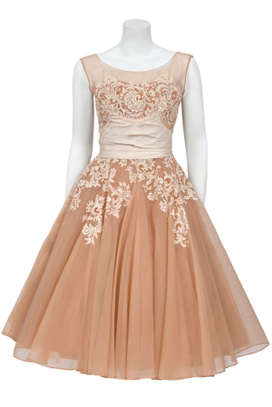 1950's Peggy Hunt Ivory Silk Appliquéd French Lace Nude-Illusion Full Skirt Dress