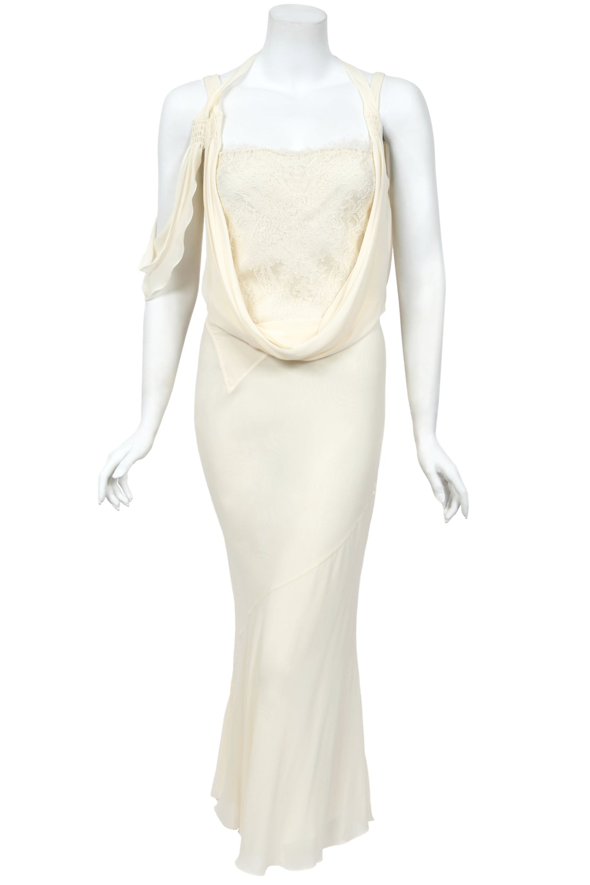 2005 John Galliano Ivory Sheer Silk Chiffon &amp; Chantilly Lace Draped Halter Bias-Cut Gown