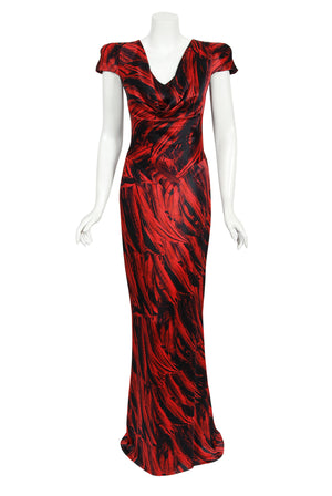 2009 Alexander McQueen Lifetime Red & Black Feather Print Silk Hourglass Gown