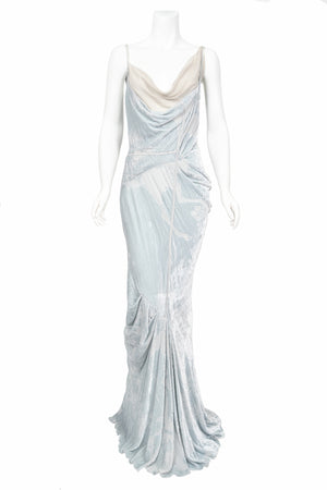 2006 Christian Dior by John Galliano Ice Blue Silk Velvet Asymmetric Draped Bias-Cut Gown