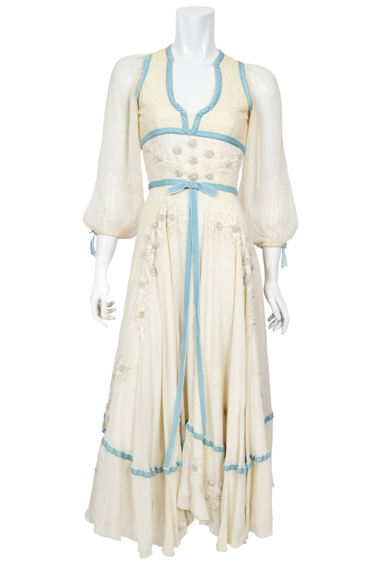 1975 Thea Porter Couture Ivory Silk Embroidered Floral Billow-Sleeve &#39;Gypsy&#39; Dress