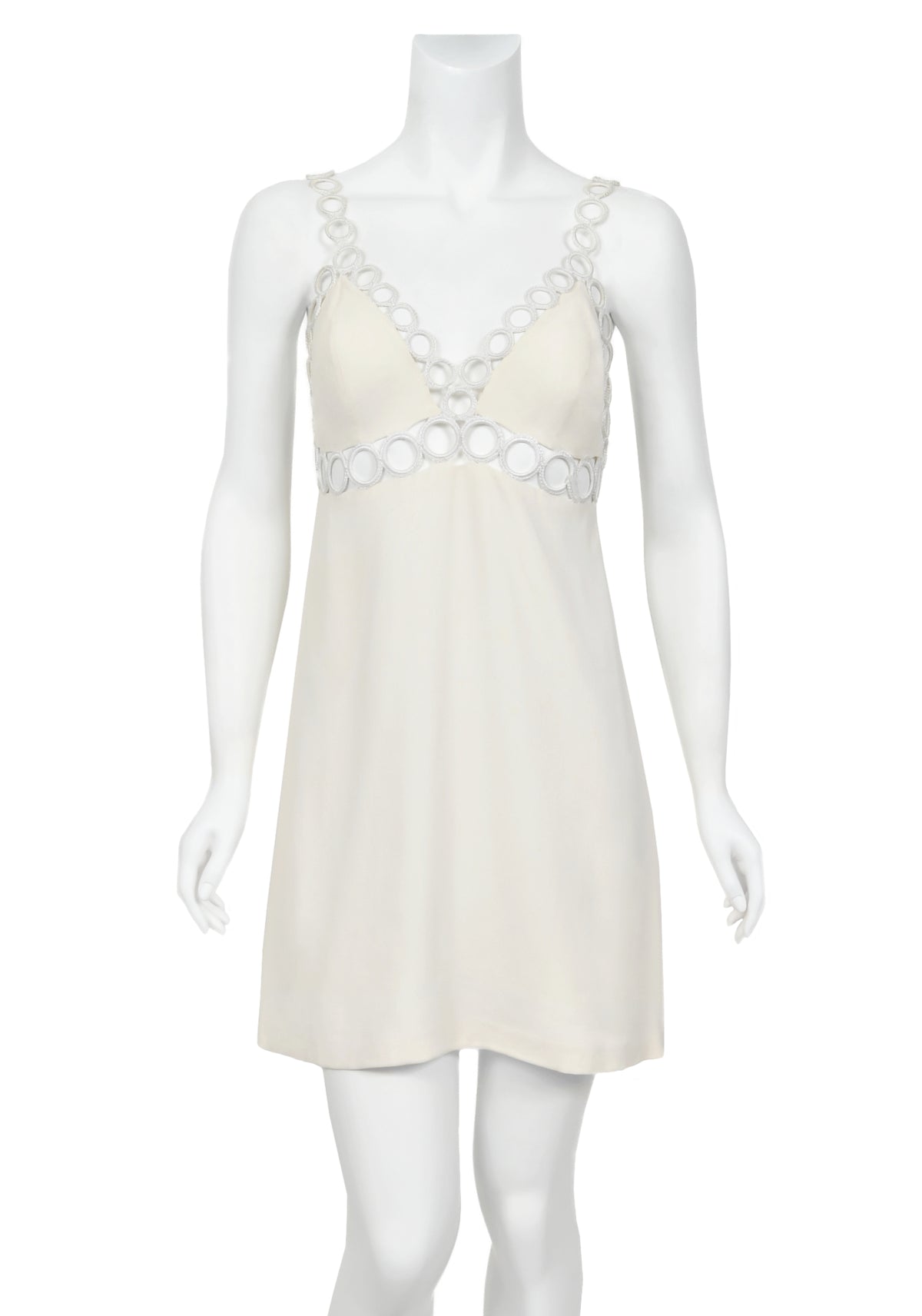1968 Loris Azzaro Couture Documented Elle Magazine Ivory Silk Cut-Out Mini Dress