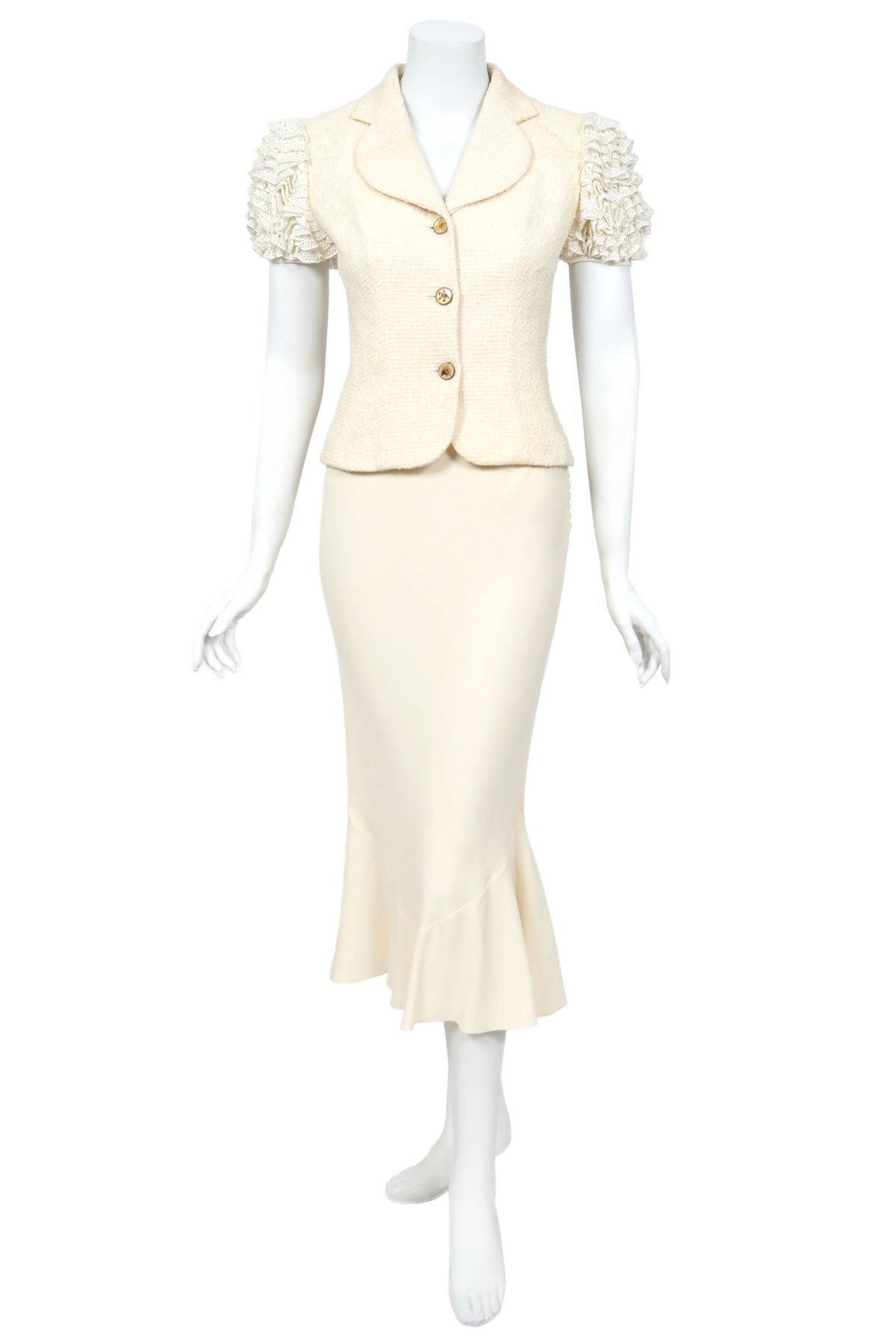 1998 John Galliano ‘Haute Bohème’ Collection Ivory Knit Ruffle Sleeve Jacket &amp; Bias-Cut Skirt Set w/Tags