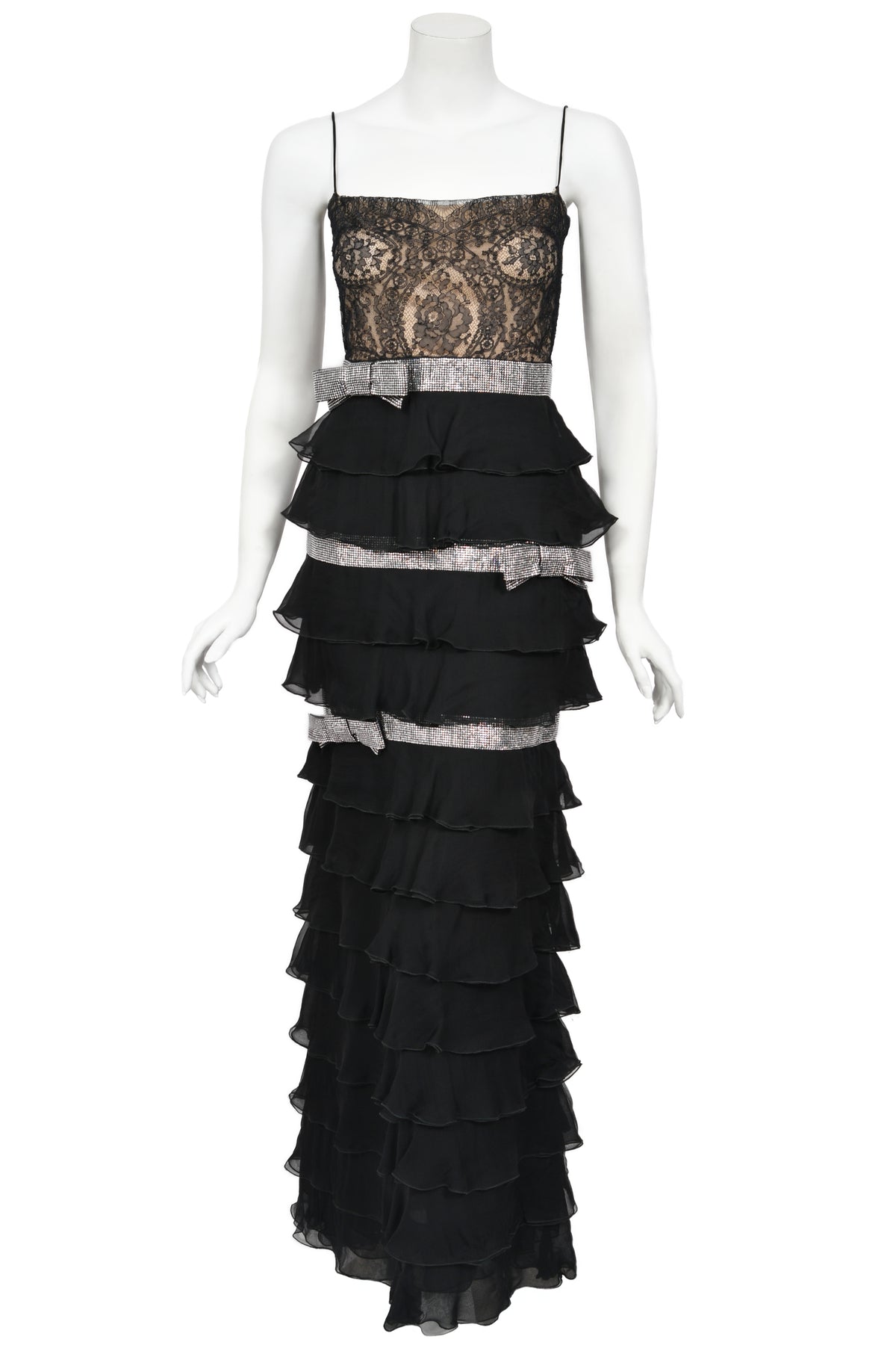 2007 Valentino Runway Black Sheer Silk &amp; Lace Illusion Crystal-Bows Tiered Gown