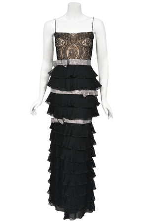 2007 Valentino Runway Black Sheer Silk & Lace Illusion Crystal-Bows Tiered Gown