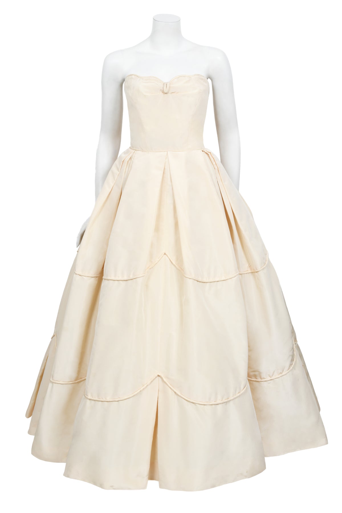 1950&#39;s Rosalie Macrini Couture Cream Silk Strapless Bridal Wedding Gown