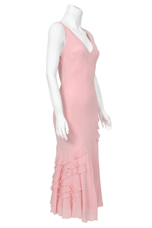 2004 Christian Dior by John Galliano Pastel Pink Silk Tiered Ruffle Bias-Cut Dress