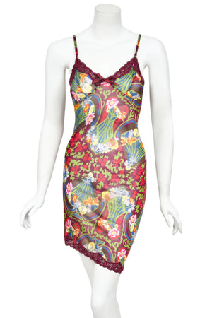 2005 Christian Dior by John Galliano Burgundy Floral Semi-Sheer Mini Slip Dress w/ Tags