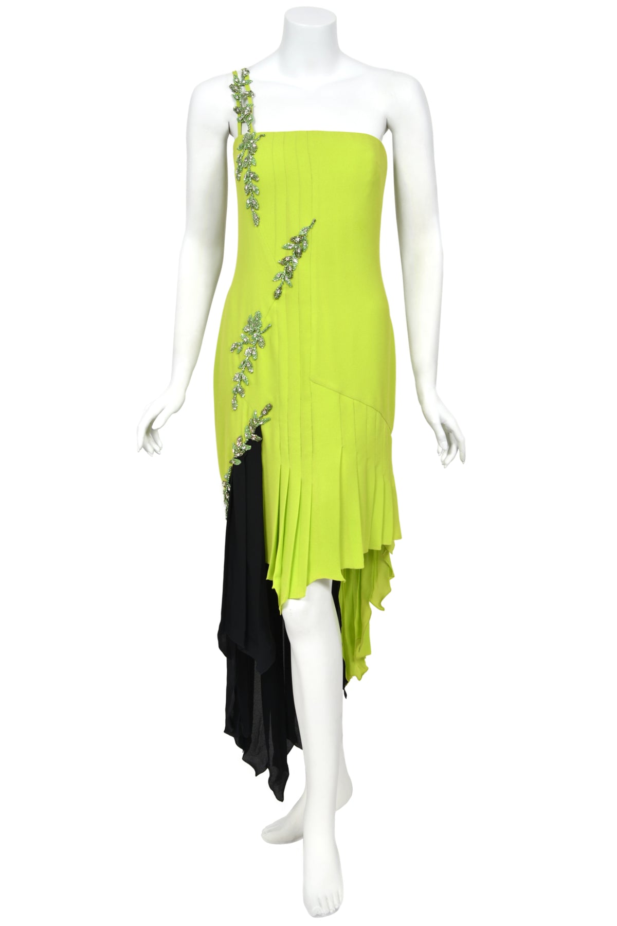 1997 Gianni Versace Lifetime Runway Lime Green & Black Embellished Silk High-Low Dress