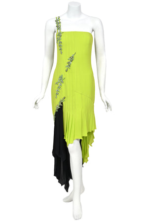 1997 Gianni Versace Lifetime Runway Lime Green & Black Embellished Silk High-Low Dress