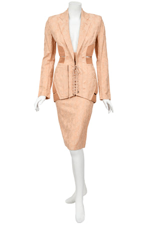 2004 Jean Paul Gaultier Runway Embroidered Blush Pink Corset Jacket & Matching Skirt