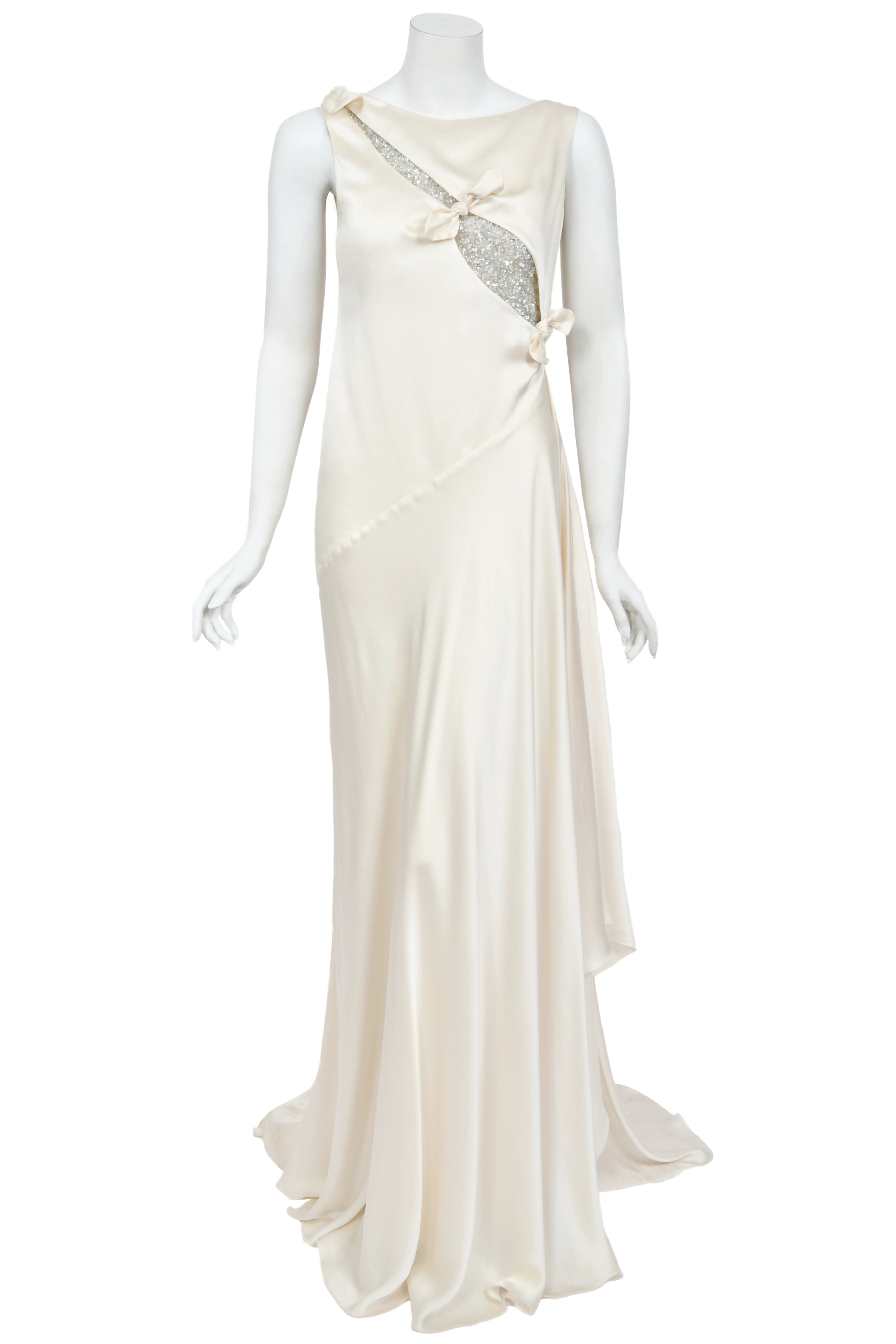2002 Valentino Ivory Silk Beaded Sequin Cut Out Ties Bias-Cut Gown - Timeless Vixen 2002 Valentino Ivory Silk Beaded Sequin Cut Out Ties Bias-Cut Gown - Timeless Vixen