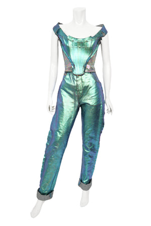 1993 Vivienne Westwood Runway Metallic Denim Corset Bustier Top & Pants