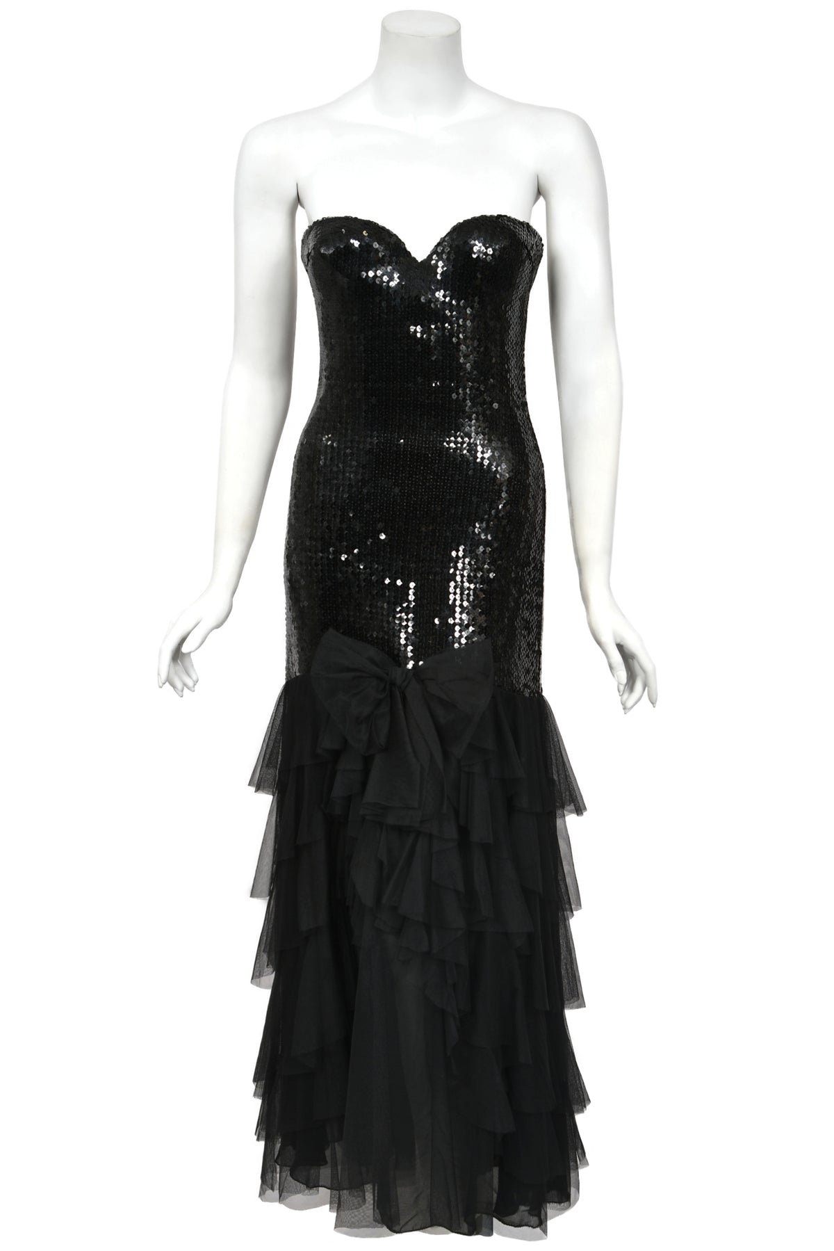 1978 Loris Azzaro Couture Black Sequin Strapless Tiered-Ruffle Gown & Sheer Capelet
