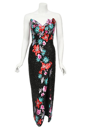 1990's Bob Mackie Fully Beaded Floral Motif Strapless Bustier High-Slit Gown