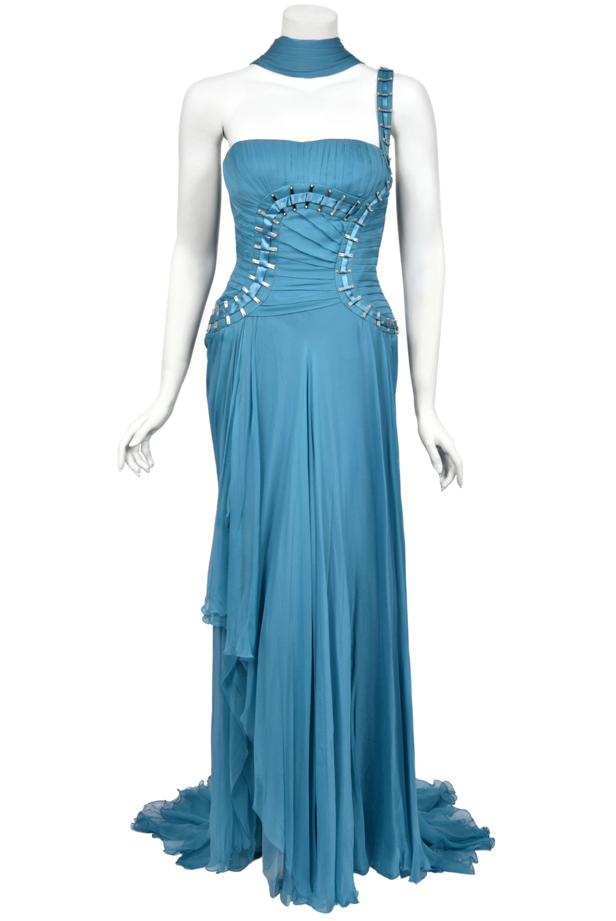 2009 Versace Runway Embellished Blue Silk Chiffon One-Shoulder High Low Gown