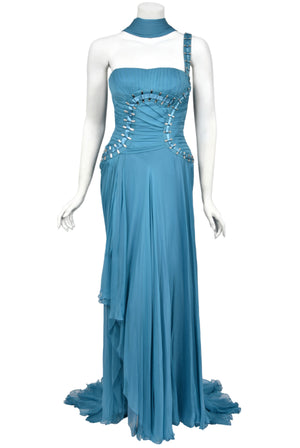 2009 Versace Runway Embellished Blue Silk Chiffon One-Shoulder High Low Gown