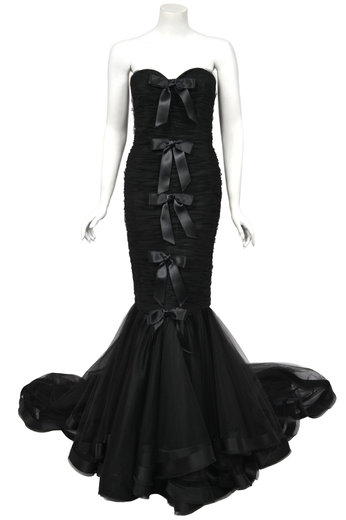 2011 Oscar de la Renta Black Ruched Silk Strapless Bustier Hourglass Trained Gown
