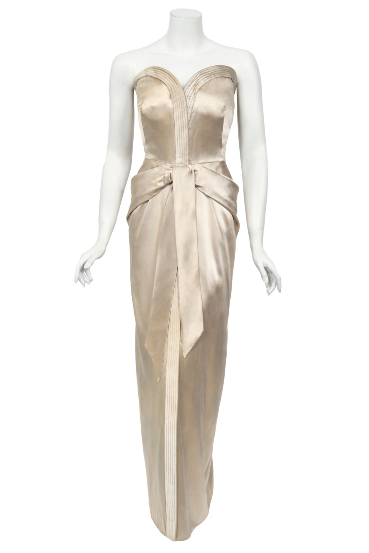 1950&#39;s Jacques Griffe Haute Couture Champagne Strapless Bustier Hourglass Gown