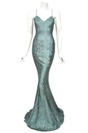 1999 Christian Dior by John Galliano Metallic Teal Blue Lamé Silk Bias-Cut Slip Gown