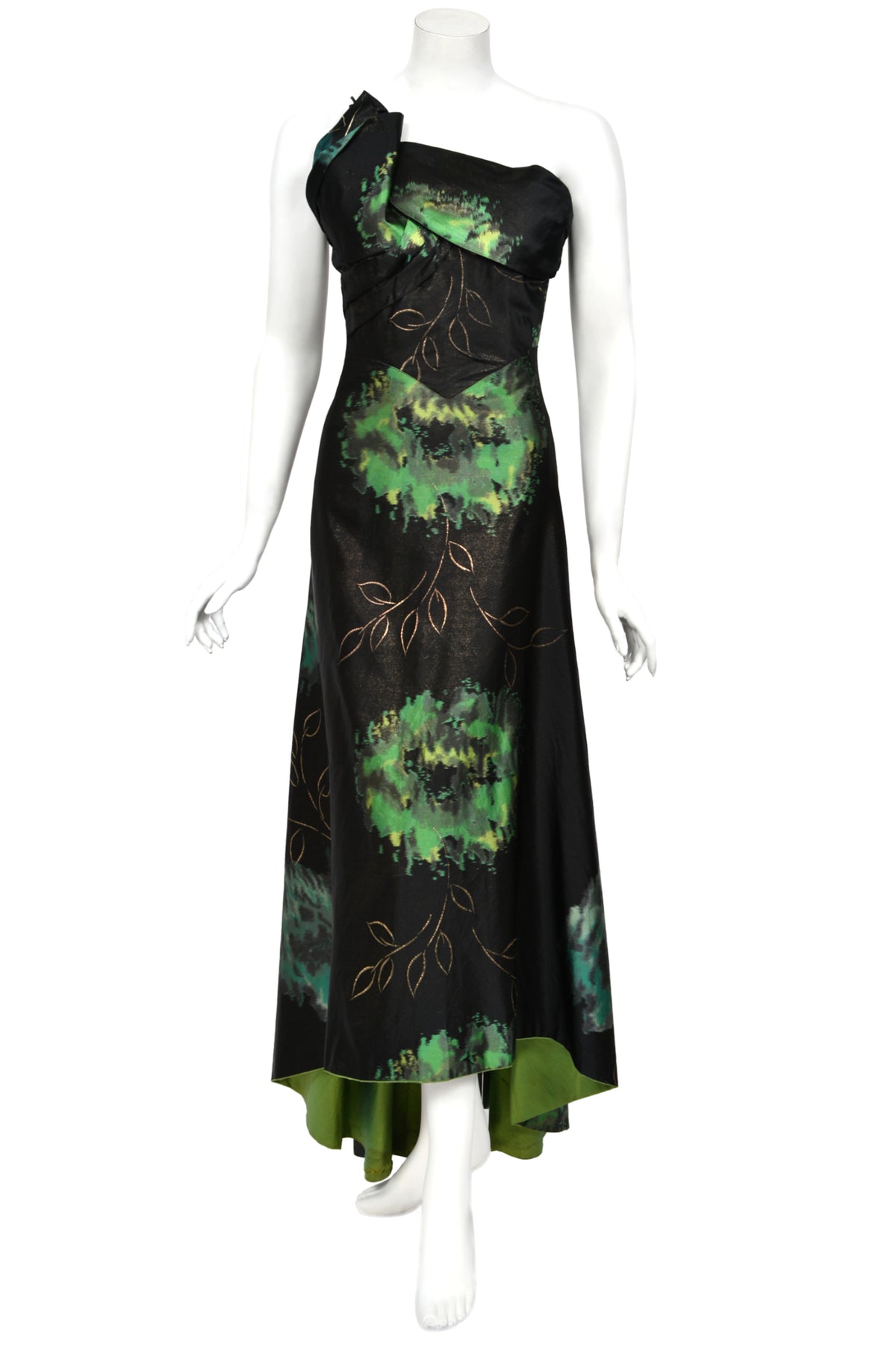 1950 Irene Lentz Couture Metallic Green & Black Floral Silk Sculpted Bustier High-Low Gown