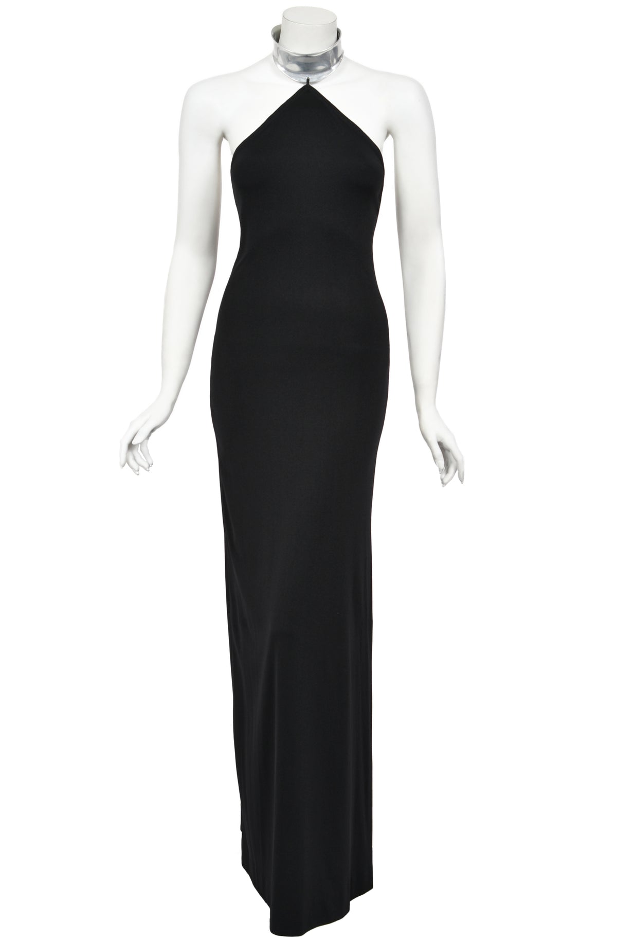 1975 Rudi Gernreich Documented Metal-Collar Black Jersey High-Slit Maxi Dress