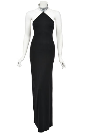 1975 Rudi Gernreich Documented Metal-Collar Black Jersey High-Slit Maxi Dress