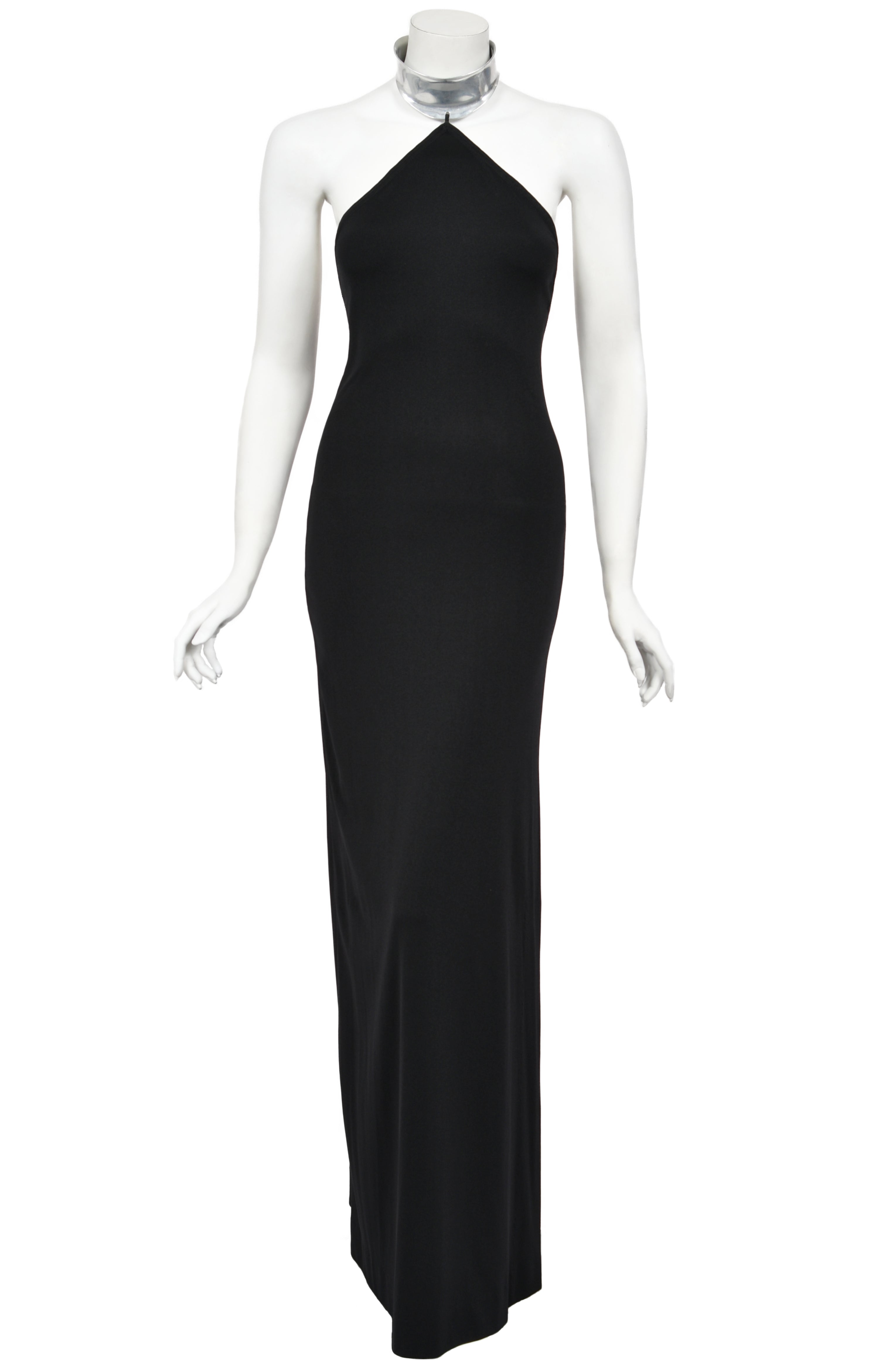 1975 Rudi Gernreich Metal-Collar Black Jersey High-Slit Maxi Dress - Timeless Vixen 1975 Rudi Gernreich Metal-Collar Black Jersey High-Slit Maxi Dress - Timeless Vixen