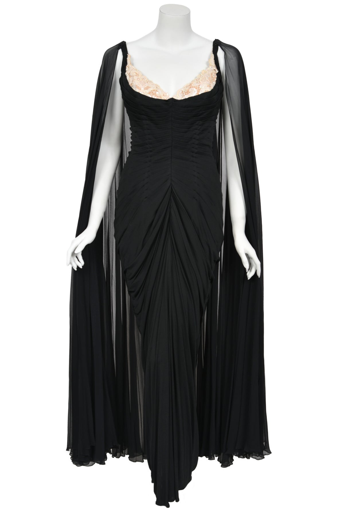 1964 Yma Sumac Documented Custom Couture Ruched Black Silk Hourglass Gown w/ Cape