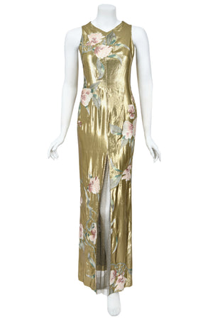1997 Valentino Runway Metallic Gold Beaded Embroidered Floral Lamé Silk High Slit Column Gown